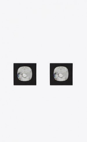 YSL Square Rhinestone Earrings In Wood And Metal Argintii Negrii | Romania_YSL44016