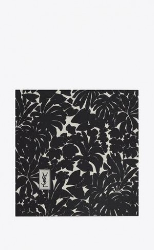 YSL Square Scarf In Leaves Print Silk Twill Negrii Albi | Romania_YSL81199