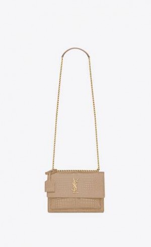 YSL Sunset Medium In Crocodile-embossed Piele Bej Inchis | Romania_YSL87792