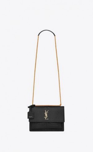 YSL Sunset Medium In Crocodile-embossed Piele Negrii | Romania_YSL83865