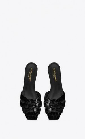 YSL Tribute Mules In Crocodile Embossed Piele Negrii | Romania_YSL30583