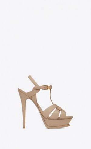 YSL Tribute Platforma Sandals In Smooth Piele Bej Inchis | Romania_YSL29934