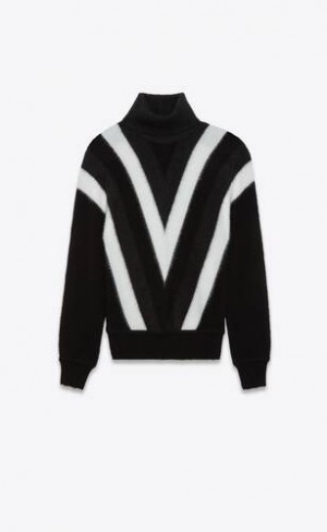 YSL Turtleneck Pulovere In Chevron Lână Negrii Albi | Romania_YSL58316